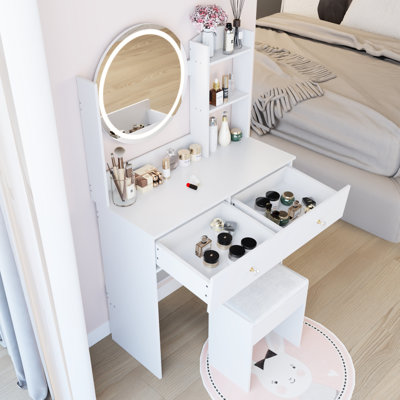 Table de coiffeuse, miroir rond à DEL de 17 po, système d'éclairage tricolore, tabouret moelleux, grand rangement de grande capacité, petites pièces, conception américaine, éclairage à commande tactile blanche, espaces rembourrés, style,