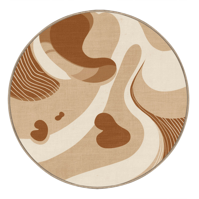 Machine Washable Arverne Eclectic Abstract Rug in Brown – Beige Binding, 7' Round
