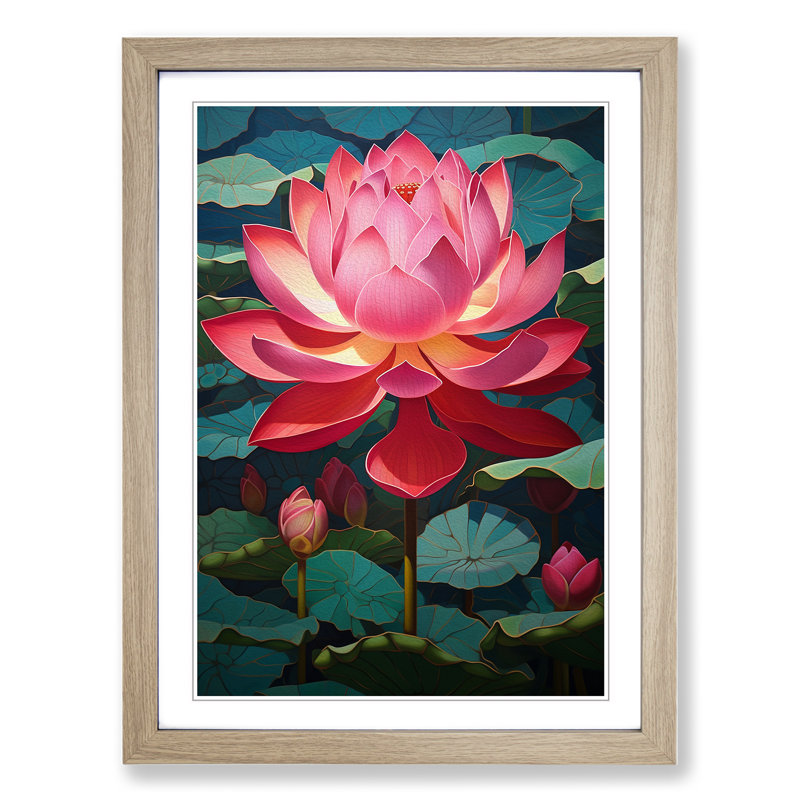 Lotus Flower Hard Edge - Single Picture Frame Print on Wood, Oak Framed, 64cm H x 46cm W x 2cm D