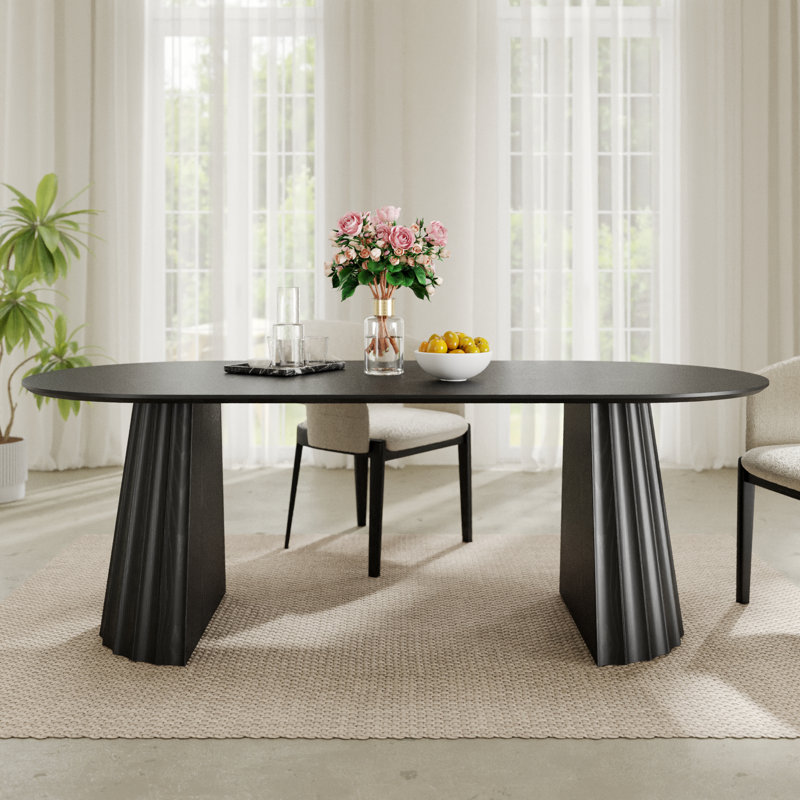 79" Oval Dining Table Duble Pedestal Dining Table Seats 6 Solid Wood Kitchen Table, Black