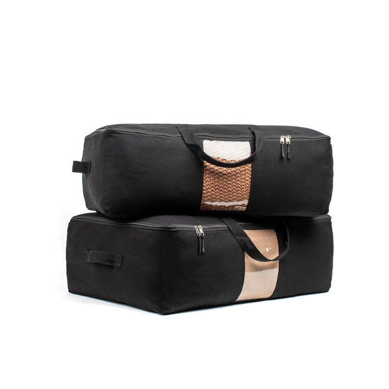 Sacs de rangement en toile souple avec fermeture à glissière. Épais et respirant, organisateur d'édredon très grand / grand 2 pièces. Quatre poignées de transport et fenêtre, noir
