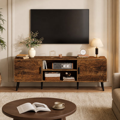 Meuble télé de 55 po de couleur brun rétro avec pieds en bois massif - Comprend des tablettes réglables, deux armoires et une gestion des câbles - Console de salon