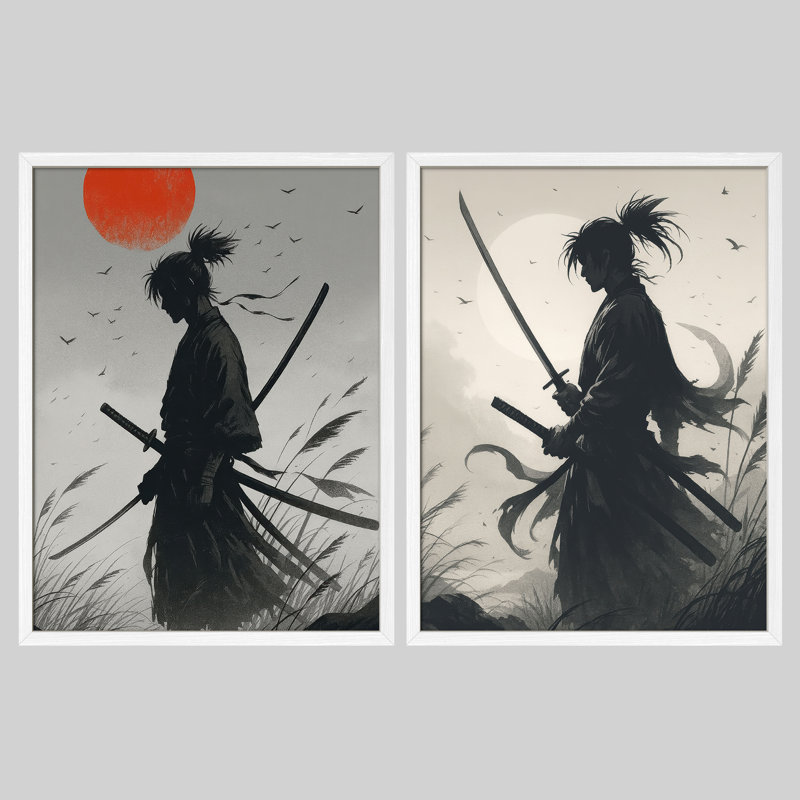 Samurai Warrior, ensemble de 2 reproductions d'art encadrées encadrées à l'encre japonaise, H 14 po x l 11 po, Blanc