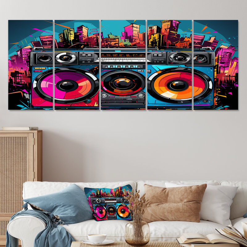 5 pièces Pop Art Vibrant Boom Box Music, H 28 po x l 60 po