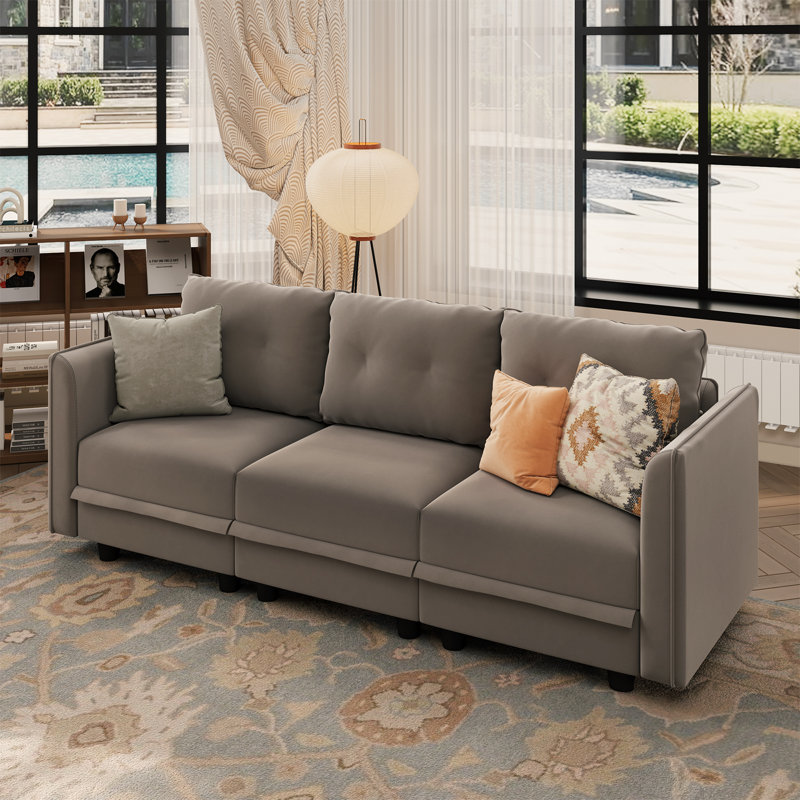 Zendajas 85'' Curved Arm Loveseat Modular Sofa With Storage, Camel Polyester Blend
