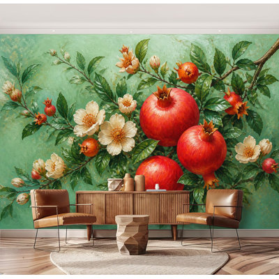 Wall Mural Peel and Stick Pomegranate Branch Red Fruits White Blossoms Vintage Large Wallpaper Self-Adhesive Removable Contact Paper Wall Decor for Living Room Bedroom Nursery 69"H x 96"W