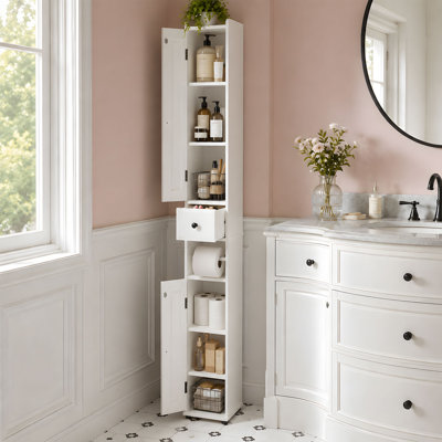 White 67.51" Narrow Tall Bathroom Linen Cabinet, Slim Freestanding Toilet Side Storage Organizer with Reversible Door, Adjustable Shelving, Drawer & Detachable Tissue Holder, Waterproof MDF Anti Tip Cabinet for Small Space, Laundry, Kitchen