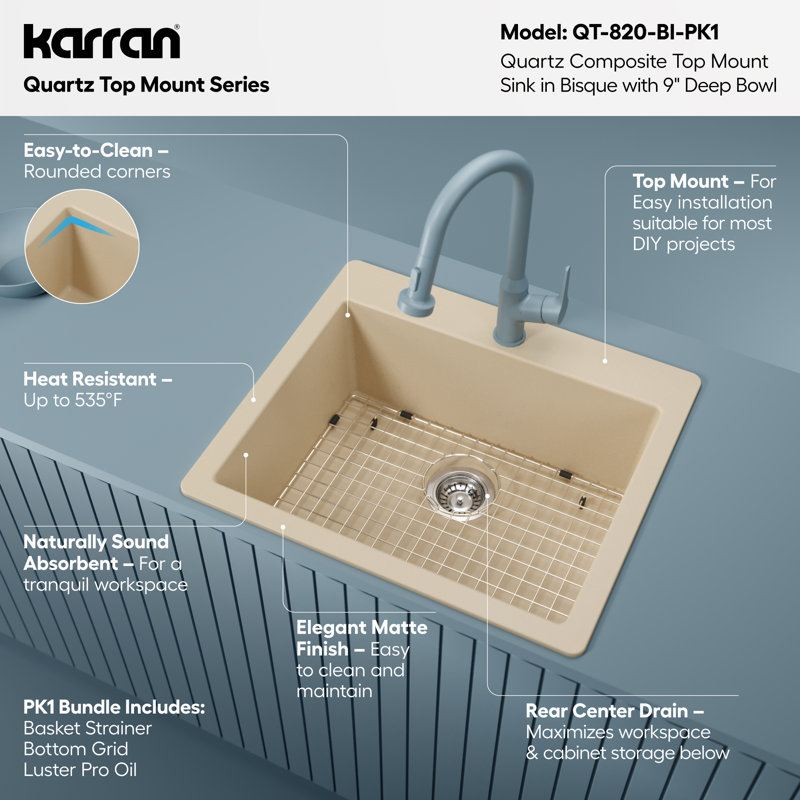 Karran Quartz 25'' X 22'' Single Bowl Drop-in Kitchen Sink Kit, Bisque