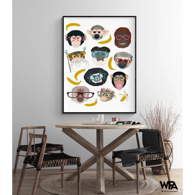 Banana Monkey Friends Illustration Decor, Adorable Monkey Wall Art, Yellow Banana Print Art, Glasses Themed Decor Idea