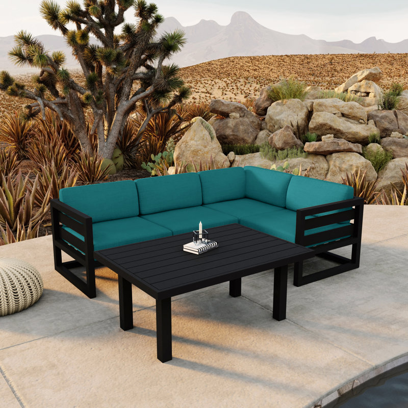Avion Classic 5 Piece Sectional Set - Black - Cast Lagoon, Black, Spectrum Peacock Sunbrella® Plainweave