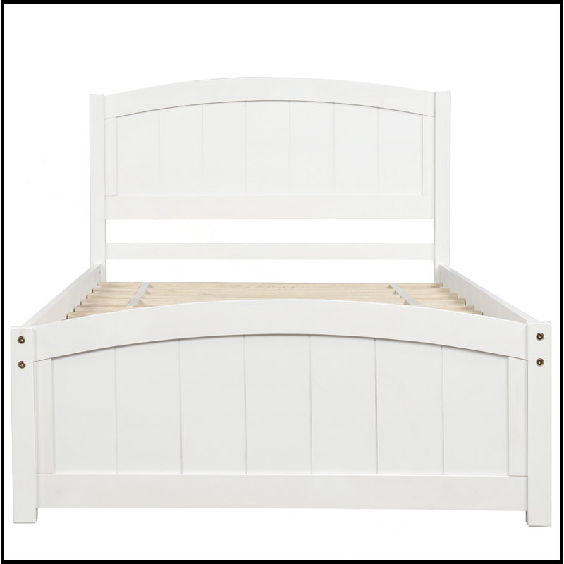 Lit plateforme en bois avec tête de lit, pied de lit et lattes en bois, Blanc