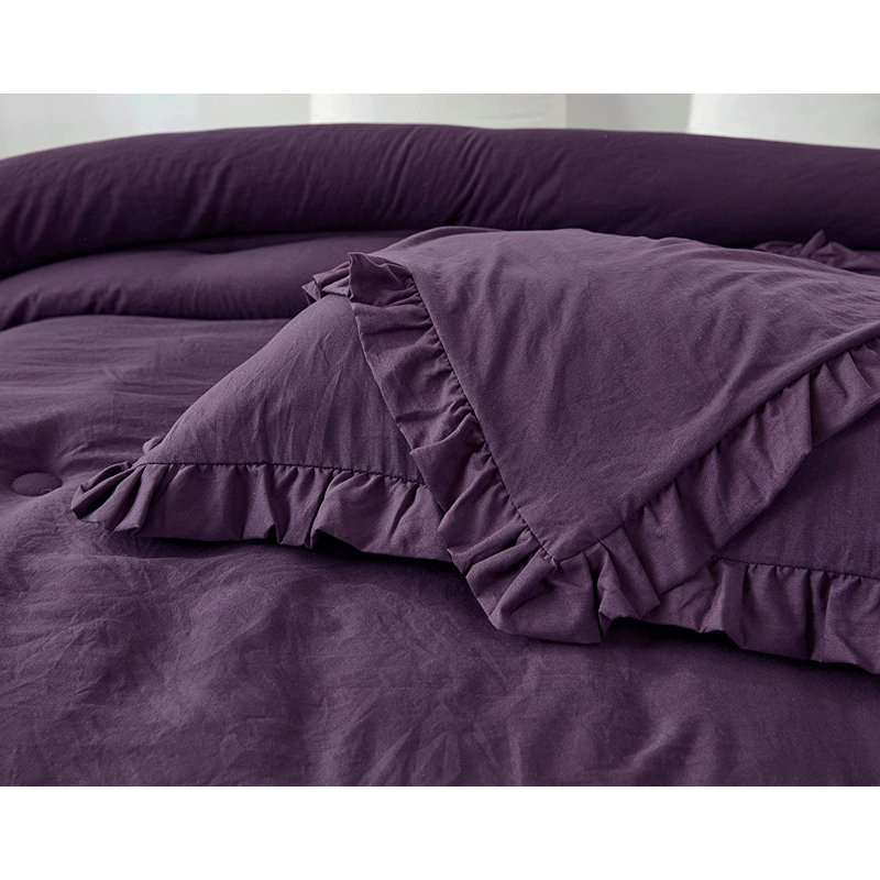 Nora Washed Microfiber Ruffled Comforter Set, White, Full Comforter + 2 Standard Shams