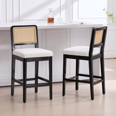 Upholstered Seat Rattan Back Counter Stool, Farmhouse Solid Wood Counter Stool For Kitchen Island/Dining Room