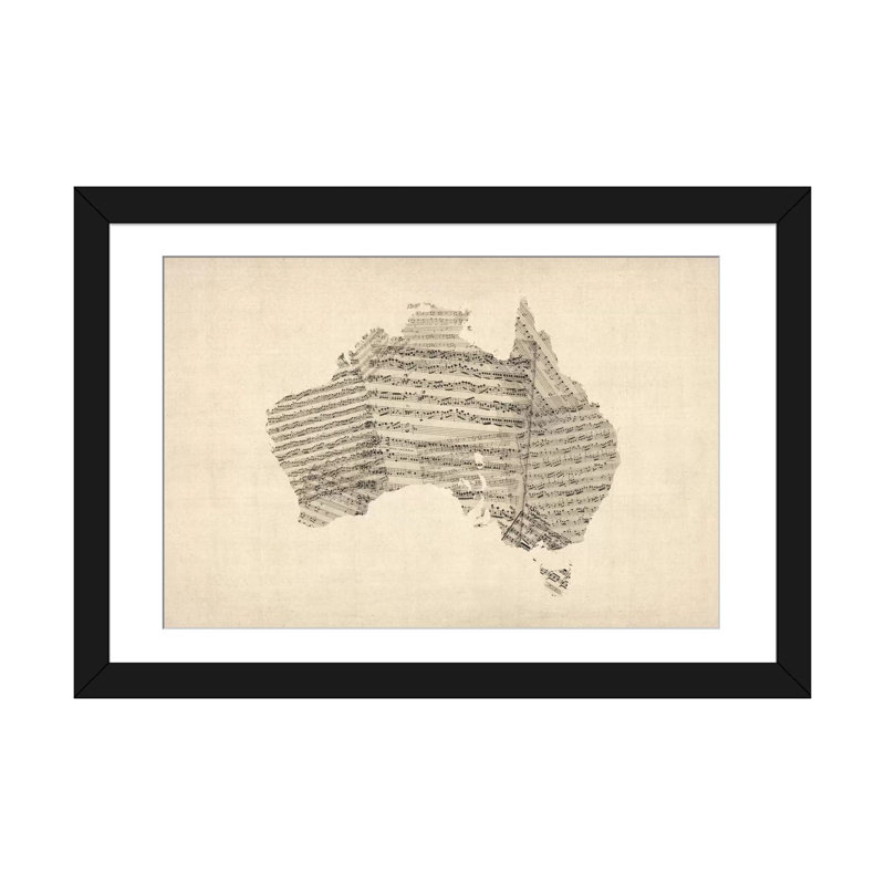 « australia sheet music map » par michael tompsett, reproduction d’art sur toile, H 16 po x l 24 po x P 1 po, Blanc
