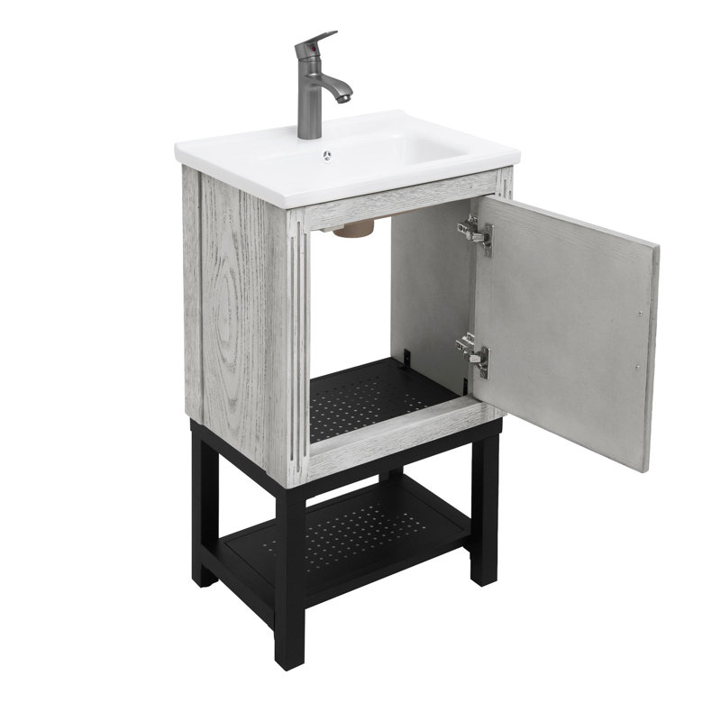 Petit meuble-lavabo de 20 po avec lavabo et robinet d'eau chaude et froide, armoire de salle de bain autoportante avec lavabo en céramique blanche, rangement pour salle de bain avec 1 porte et tablette ouverte en fer