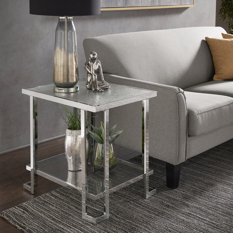 Table de bout Sharold au fini chrome avec plateau en verre texturé