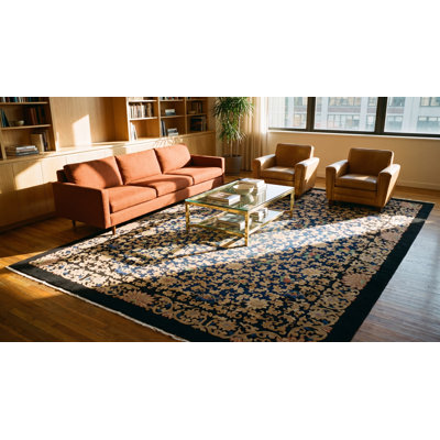 Tapis noué à la main chinois antique en laine bleue des années 1900
