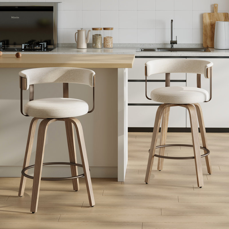 26'' Upholstered Swivel Counter Stool With Back And Bentwood Legs For Kitchen Island, Beige Seat/Natural Frame