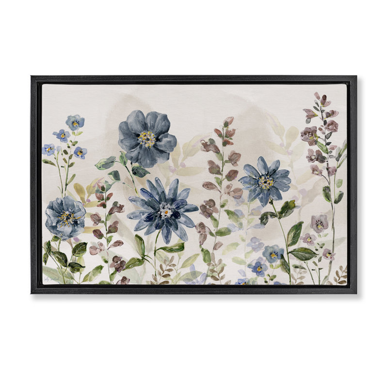 Marguerites sauvages et fougères, Cadre flottant noir de jais, H 17 po x l 25 po