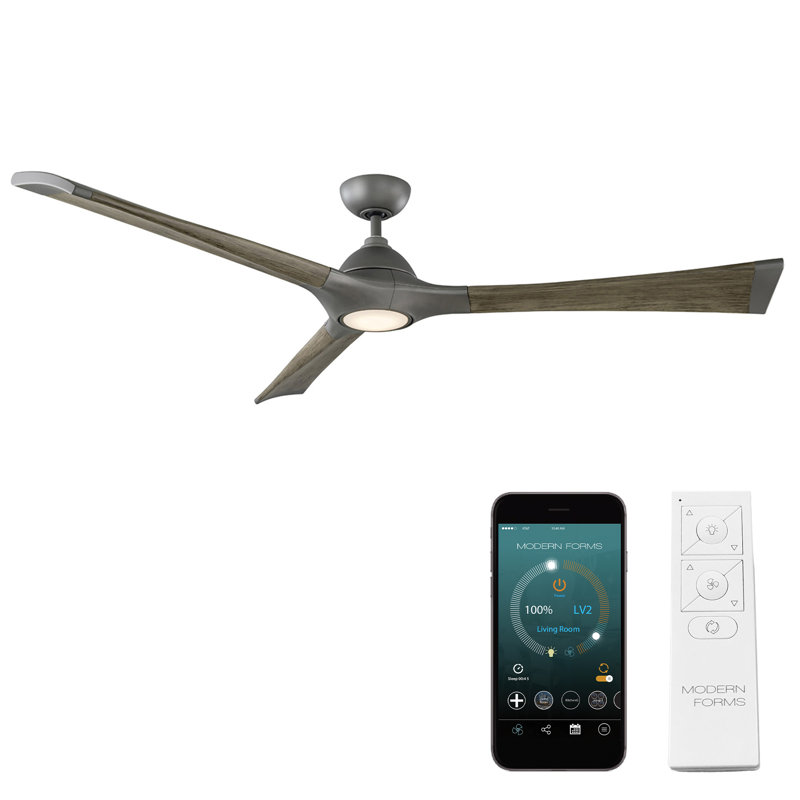 72" Woody 3 - Blade Outdoor Smart Propeller Ceiling Fan with Light Kit Included, 3000K, 60", Matte Black/Distressed Koa