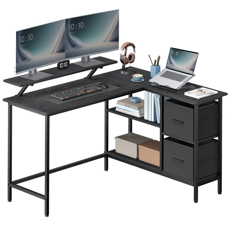 Aliyanah L-Shaped Metal Base Computer Desk, Ebony Black, 89.5cm H x 135cm W x 105cm D