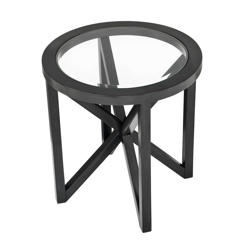 simple glass coffee table, tempered glass coffee table solid wood base round transparent glass top, Black