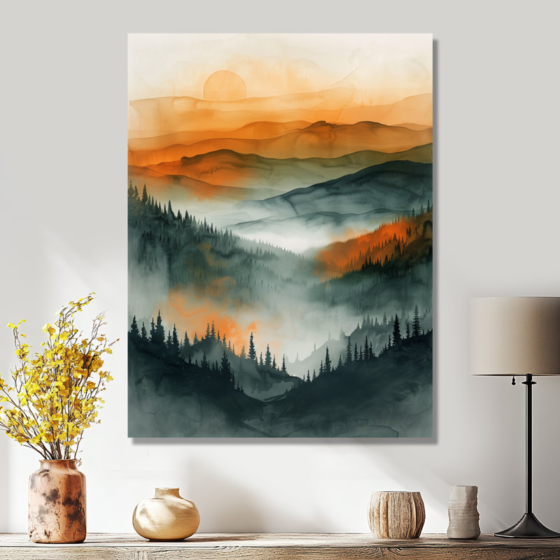 «Orange Green Forest Wilderness At Sunset III», art mural forêt, Toile tendue, H 44 po x l 34 po
