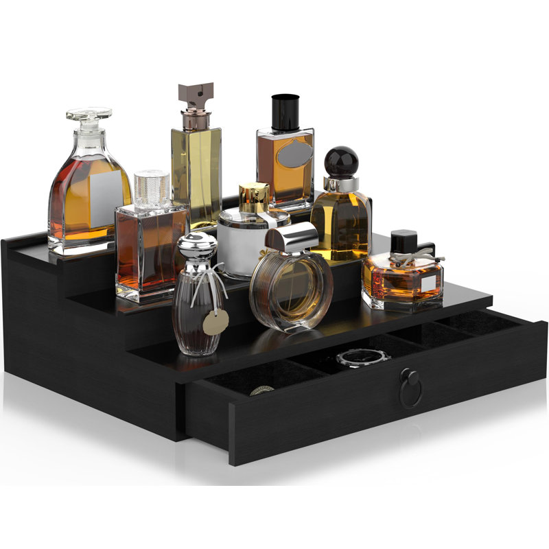 Cologne Organizer For Men, 3 Tier Wood Perfume Organizer With Felt Lining Drawer And Hidden Compartment, Black