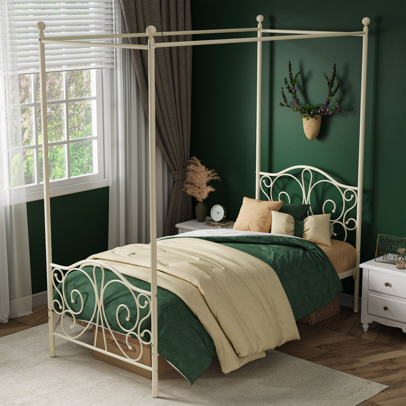 Lit à baldaquin en métal avec motif de papillon pour tête et pied de lit, Beige