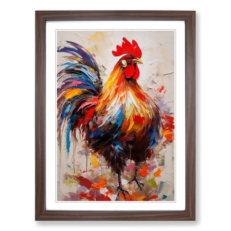 Rooster Gestural - Single Picture Frame Print on Wood, 64cm H x 46cm W x 2cm D, Walnut