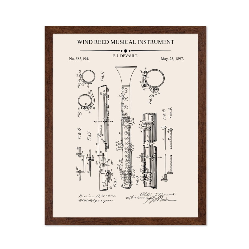 Plan de la Clarinette, Poster, 11"H x 14"W, Brown Framed