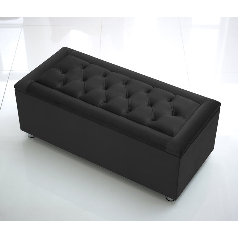 Cartez 105cm Wide Velvet Tufted Rectangle Solid Colour Ottoman with Storage, Black