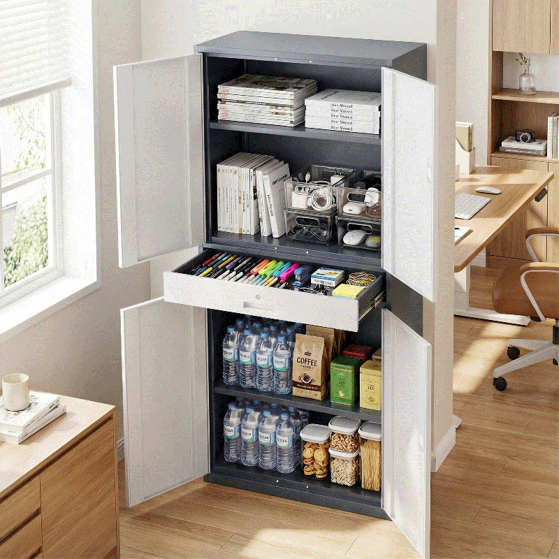 71" Metal Storage Cabinet, Garage Storage Organizer with Locking Doors, Drawer and Adjustable Shelves, Grey/White