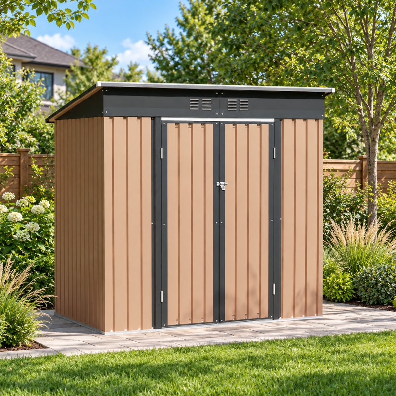 6 x 4 ft Brown Metal Outdoor Storage Shed with Hinged Double Doors, Pent Roof Weather Resistant Garden Utility Shed
