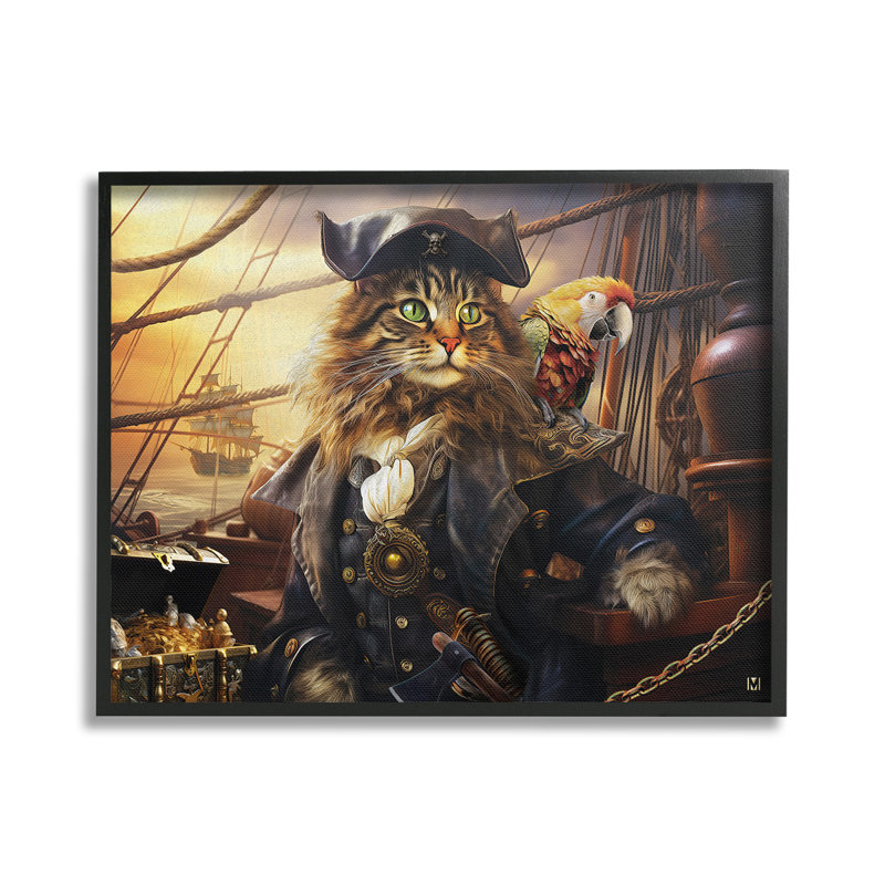 «Pirate Cat on Ship», art de la giclée encadrée par Michael David Ward, H 16 po x l 20 po, Giclée encadrée noir minuit