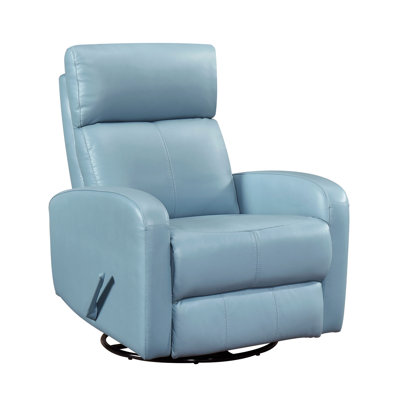 Glider Recliner Chair With Swivel Motion Blue Leather Upholstery Solid Wood Comfort Luxury Living Room Furniture 1Pc
