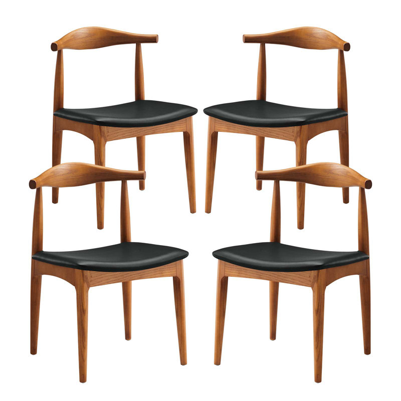Mid-Century Curved Black Faux Leather and Wood Side Chair Set