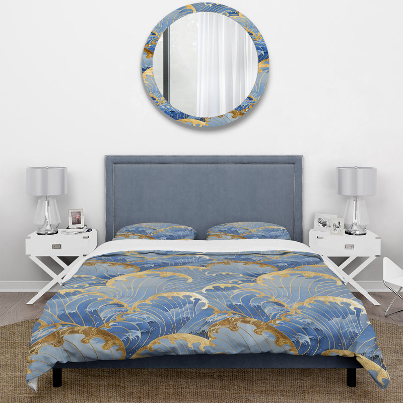 Ensemble de housse de couette Gold Blue Coastal Waves - Coastal, Housse de couette très grand + 2 taies décorativ