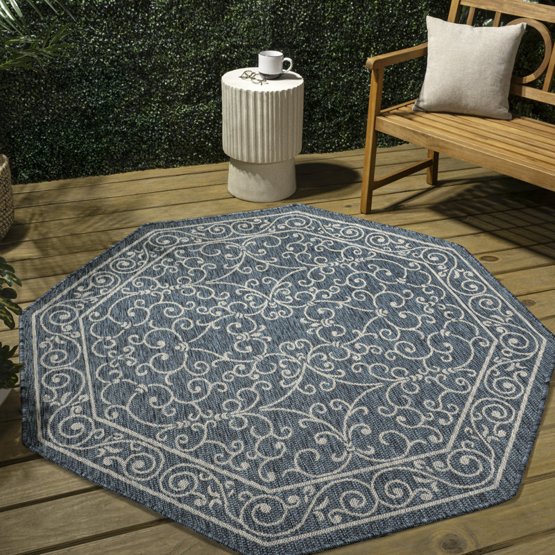 Hagerman Vintage Filigree Textured Weave Teal/Gray Indoor/Outdoor Rug, Octagon 7'9"