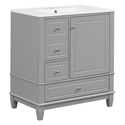 Meuble-lavabo 30 po avec lavabo, une porte avec tablette et trois tiroirs, porte à fermeture douce, gris