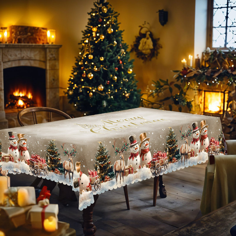 1pc round/rectangular polyester tablecloth, Christmas tablecloth with pine, snowman, truck, embosed edge, Christmas decorations for dining table, festival party holiday table decoration, perfect festival gift