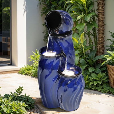 29" Ceramic Outdoor Water Fountain with LED Lights,  Dynamic Wavey Cascading Waterfall
