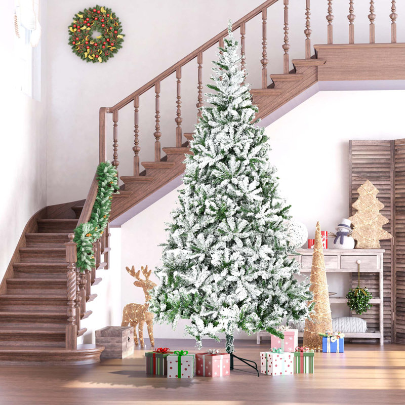 7.5/9Ft Tall Unlit Snow Flocked Pine Artificial Christmas Tree With Realistic Branches