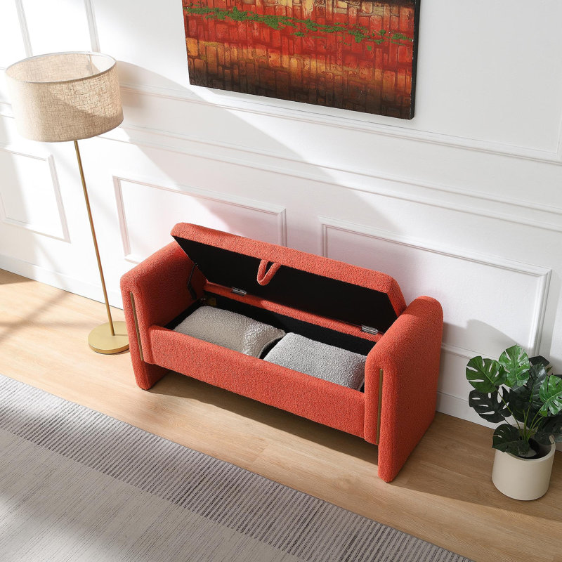 Banc de bout moderne avec accoudoirs et rangement, grand tabouret de repose-pieds rembourré, banc de meuble-lavabo pour fenêtre confortable pour salon, chambre à coucher, dortoir, table basse, orange Teddy