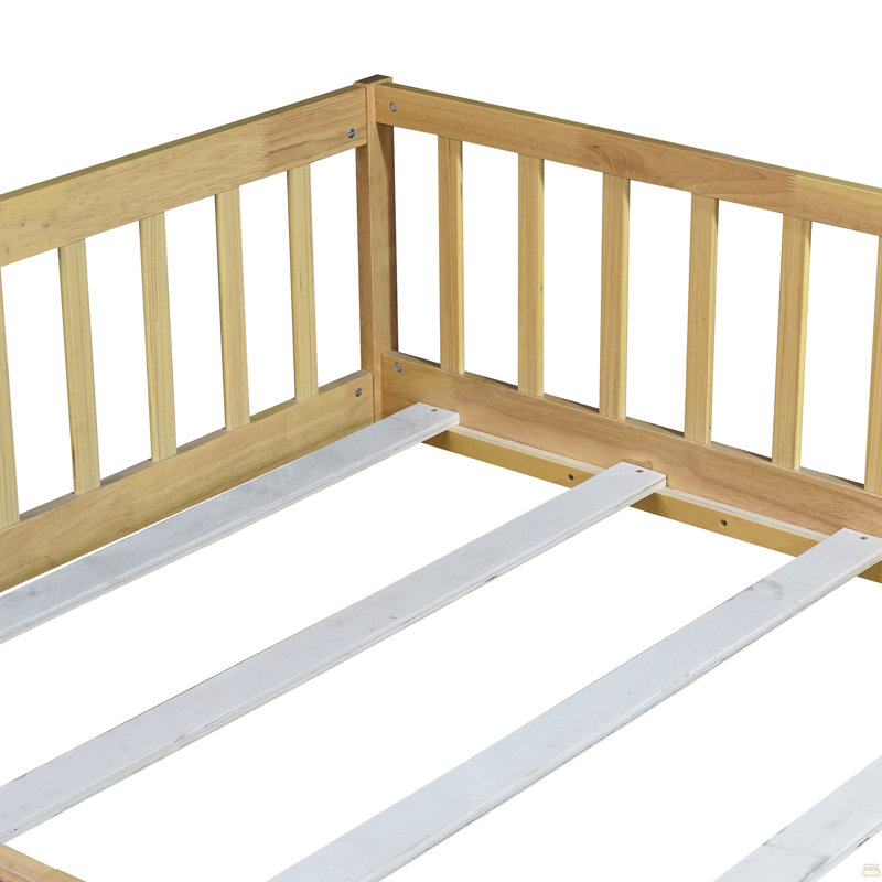 Lit double pleine grandeur avec clôture et porte, lit en bois d'hévéa avec garde-corps de sécurité