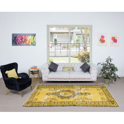 Tapis jaune 5,4 x 8,7 pi pour intérieurs modernes, noué à la main en Anatolie centrale