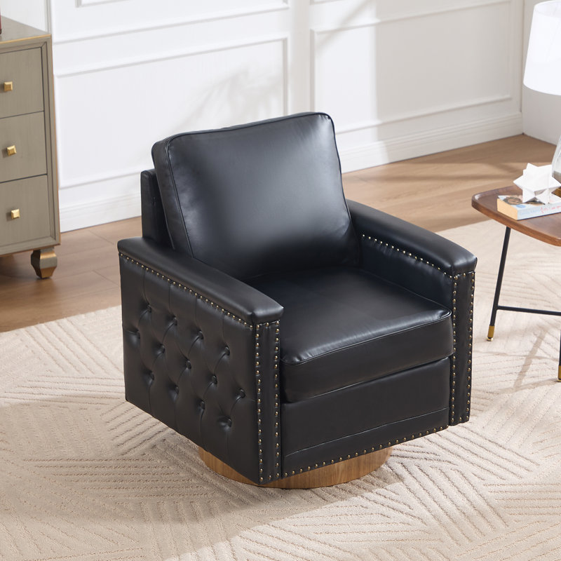 Upholstered Swivel Accent Chair With Nailhead Trim Armrest, Black