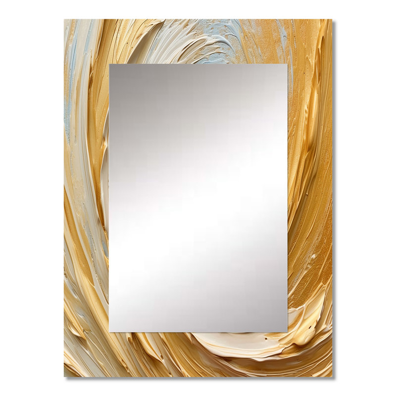 Gold Cream Infinite Swirls II - miroir décoratif à spirales abstraites, grand miroir mural doré, impression sur métal