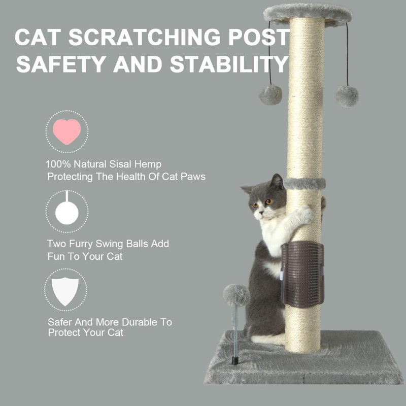 32" Tall Light Gray Sisal Cat Scratching Post with Hanging Ball and Brush