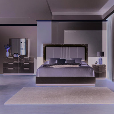 Queen Size Bed Frame In Modern Style With Two - Tone High Gloss Marble And Lacquer, Led Lit Padded Faux Leather Headboard For Bedroom Contemporary White Inspired Panel, Integrated Lights, Comfort,